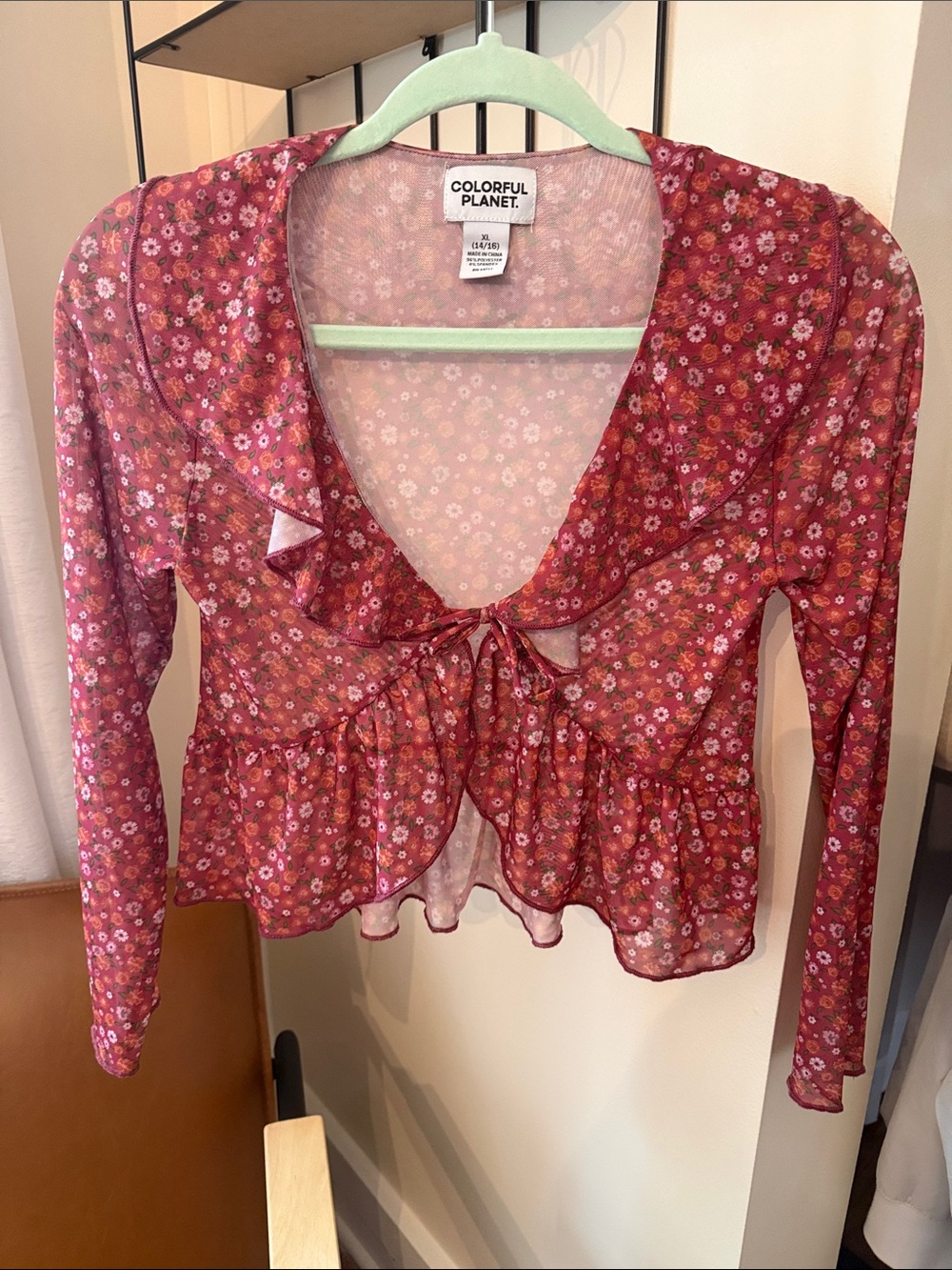 Girls Pink Floral Tie-Front Sheer Blouse / Cover